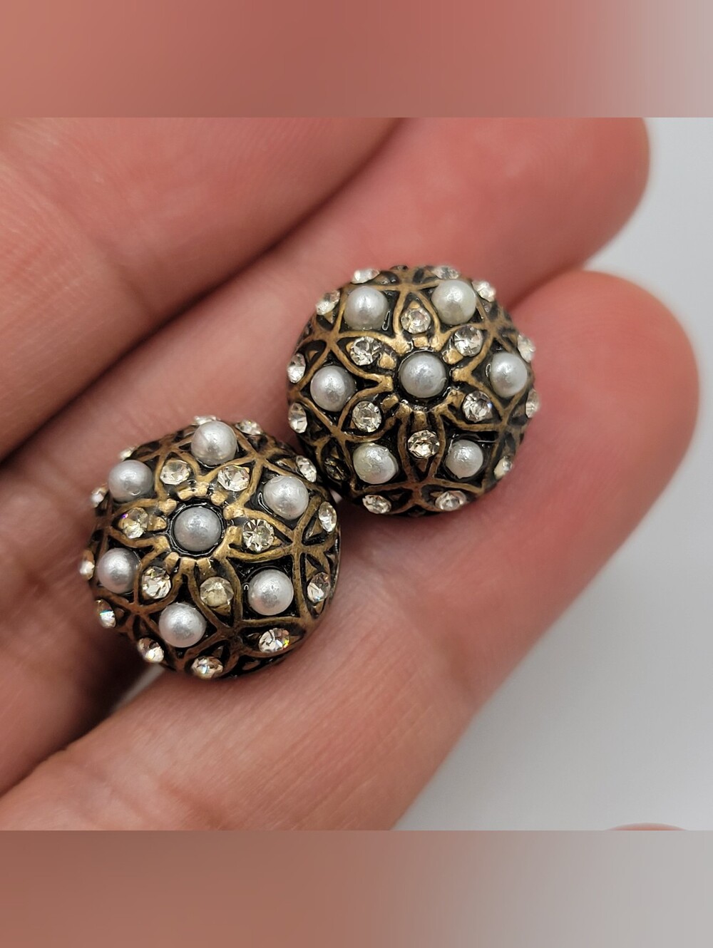 Vintage-Inspired Gold Brassy Pearl & Crystal Dome Earrings